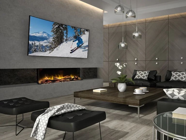 E-FX 1300 3-Sided electric fireplace in modern livingroom