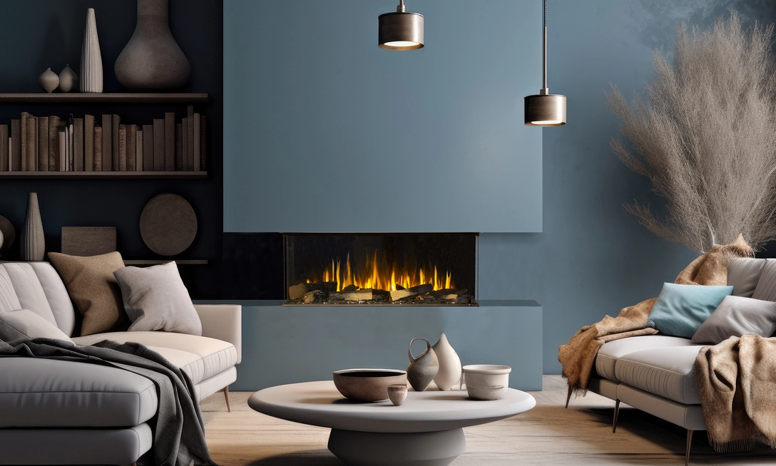 Signal 40 3 sided contemproary electric fireplace in slate blue den.
