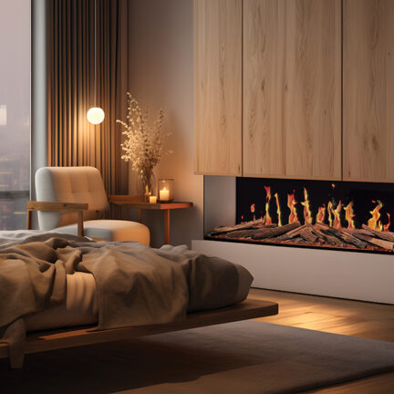 Warn, natural wood beadroom with TrueFlame electric fireplace