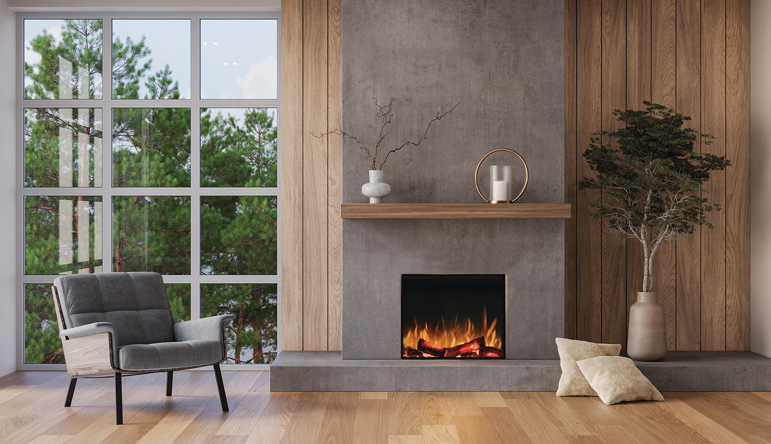 Cozy modern living room with natural wood accents, soft neutral furniture, and a minimalist concrete fireplace. Surrounded by large windows offering a serene forest view, 3d render
